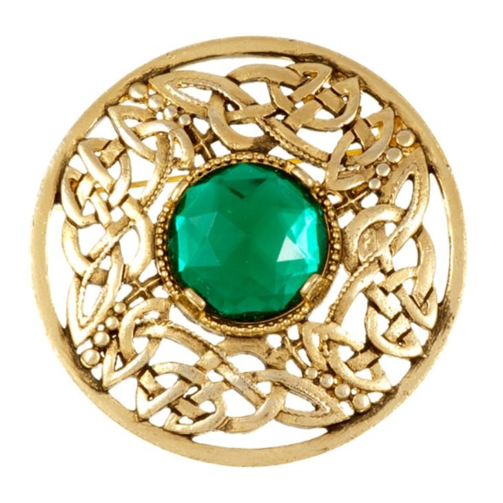 Image 1 of Celtic Open Knotwork Antiqued Green Glass Stone Round Gold Plated Brooch