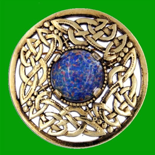 Image 0 of Celtic Open Knotwork Antiqued Opal Glass Stone Round Gold Plated Brooch