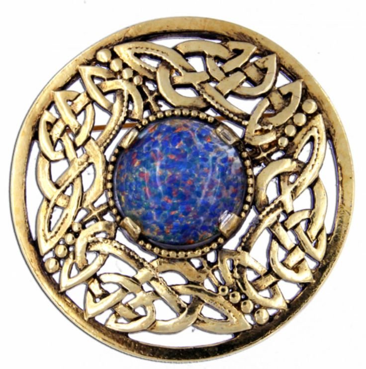 Image 1 of Celtic Open Knotwork Antiqued Opal Glass Stone Round Gold Plated Brooch