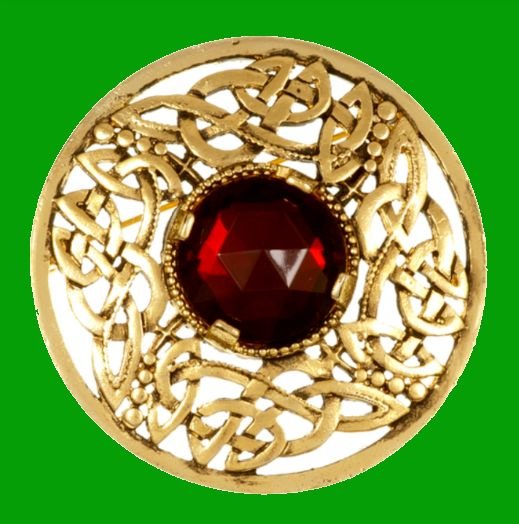 Image 0 of Celtic Open Knotwork Antiqued Red Glass Stone Round Gold Plated Brooch