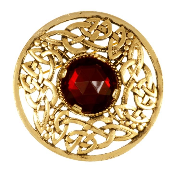 Image 1 of Celtic Open Knotwork Antiqued Red Glass Stone Round Gold Plated Brooch