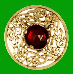 Celtic Open Knotwork Antiqued Red Glass Stone Round Gold Plated Brooch