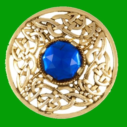 Image 0 of Celtic Open Knotwork Antiqued Blue Glass Stone Round Gold Plated Brooch