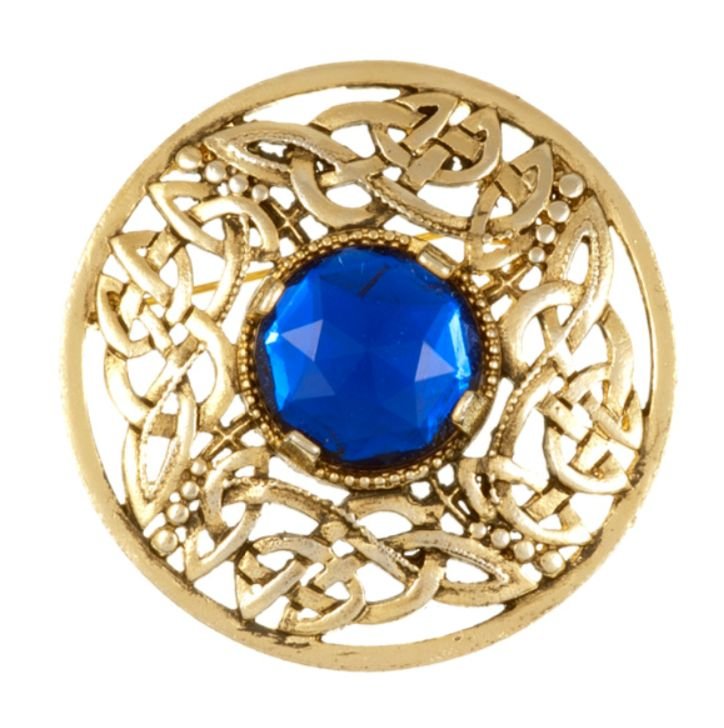 Image 1 of Celtic Open Knotwork Antiqued Blue Glass Stone Round Gold Plated Brooch