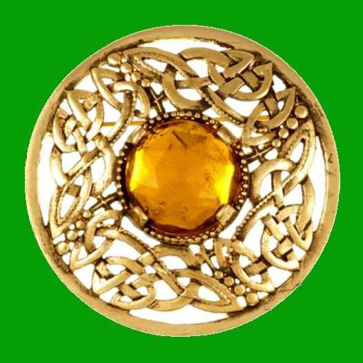 Image 0 of Celtic Open Knotwork Antiqued Orange Glass Stone Round Gold Plated Brooch