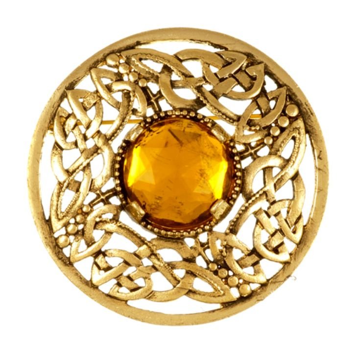 Image 1 of Celtic Open Knotwork Antiqued Orange Glass Stone Round Gold Plated Brooch