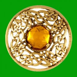 Celtic Open Knotwork Antiqued Orange Glass Stone Round Gold Plated Brooch