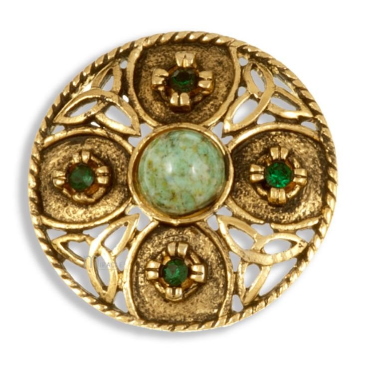 Image 1 of Celtic Triscele Shield Antiqued Iona Green Glass Stone Gold Plated Brooch