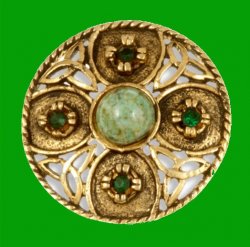 Celtic Triscele Shield Antiqued Iona Green Glass Stone Gold Plated Brooch