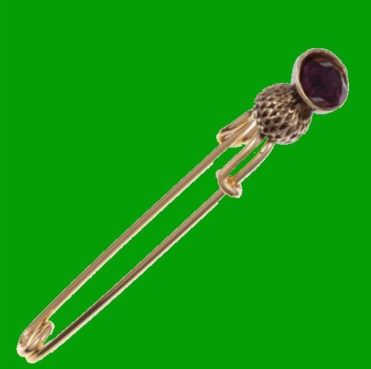 Image 0 of Thistle Flower Bud Purple Glass Stone Gold Plated Kilt Pin