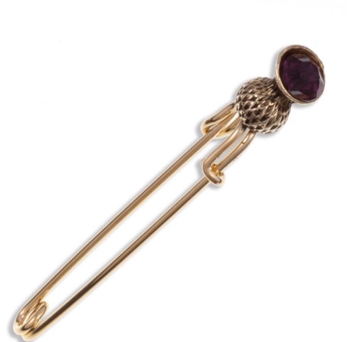 Image 1 of Thistle Flower Bud Purple Glass Stone Gold Plated Kilt Pin