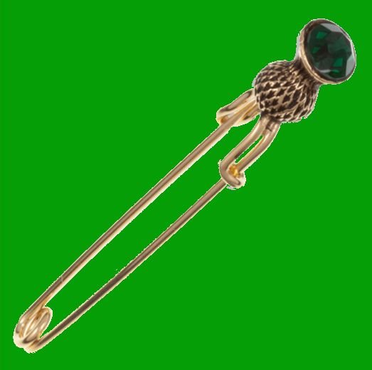 Image 0 of Thistle Flower Bud Green Glass Stone Gold Plated Kilt Pin
