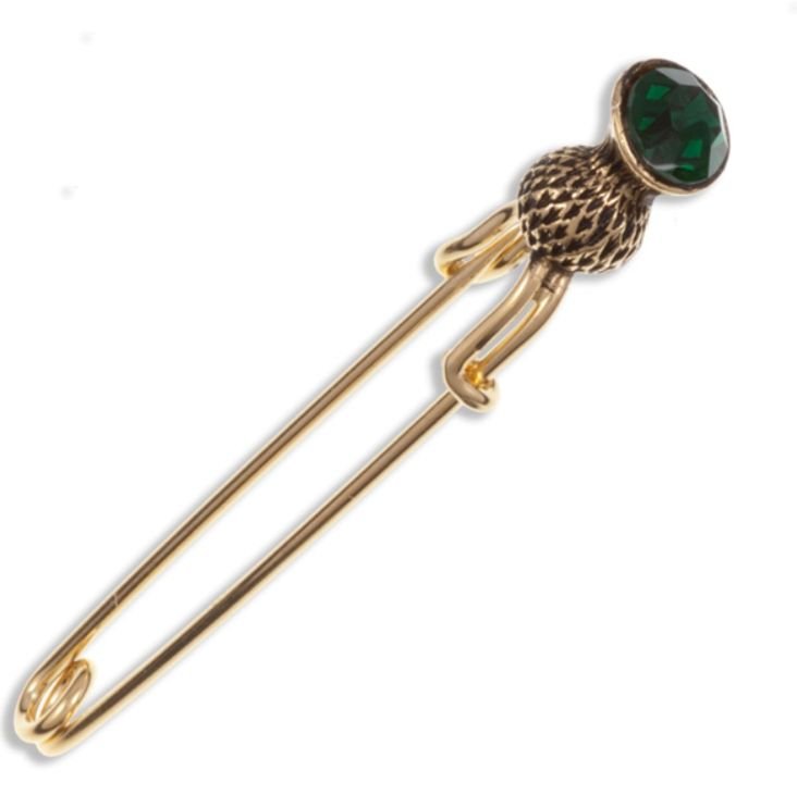 Image 1 of Thistle Flower Bud Green Glass Stone Gold Plated Kilt Pin