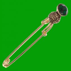 Thistle Flower Bud Green Glass Stone Gold Plated Kilt Pin