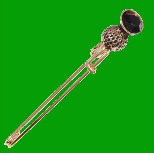 Image 0 of Thistle Flower Bud Black Glass Stone Gold Plated Kilt Pin