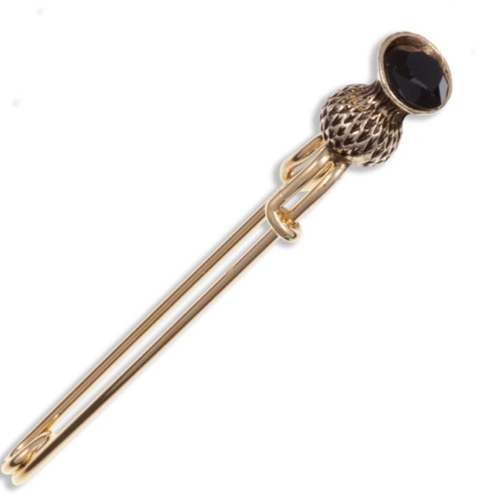 Image 1 of Thistle Flower Bud Black Glass Stone Gold Plated Kilt Pin
