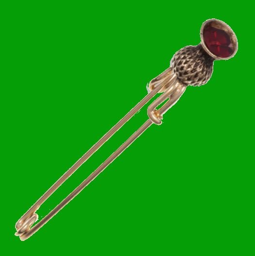 Image 0 of Thistle Flower Bud Red Glass Stone Gold Plated Kilt Pin