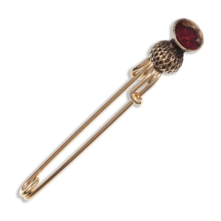 Image 1 of Thistle Flower Bud Red Glass Stone Gold Plated Kilt Pin