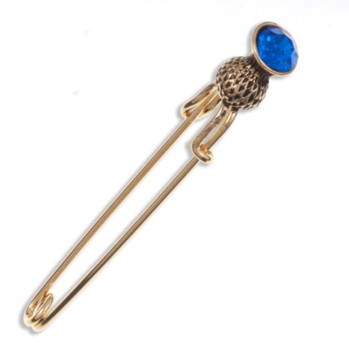Image 1 of Thistle Flower Bud Blue Glass Stone Gold Plated Kilt Pin