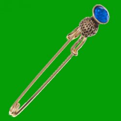 Thistle Flower Bud Blue Glass Stone Gold Plated Kilt Pin