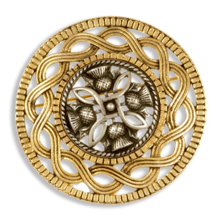 Image 1 of Thistle Antiqued Design Round Gold Plated Brooch