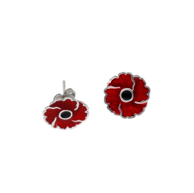 Image 1 of Poppy Flower Red Enamel Small Stud Stylish Pewter Earrings