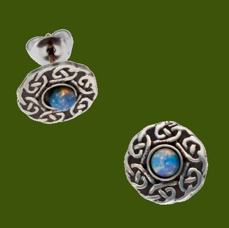 Image 0 of Celtic Knotwork Round Opal Glass Stone Small Stud Stylish Pewter Earrings