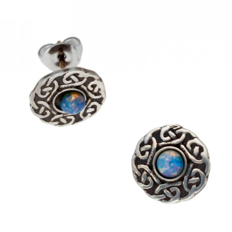 Image 1 of Celtic Knotwork Round Opal Glass Stone Small Stud Stylish Pewter Earrings