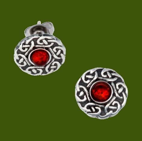 Image 0 of Celtic Knotwork Round Amber Glass Stone Small Stud Stylish Pewter Earrings