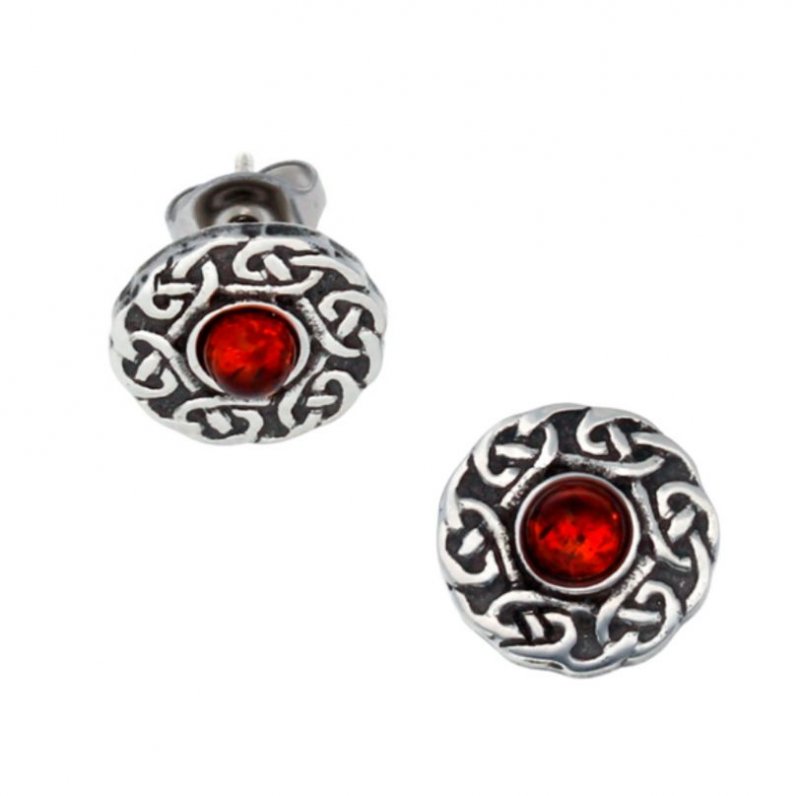 Image 1 of Celtic Knotwork Round Amber Glass Stone Small Stud Stylish Pewter Earrings