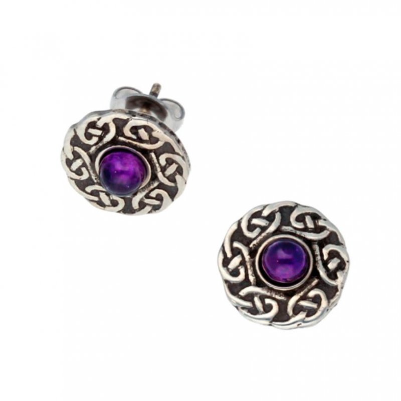 Image 1 of Celtic Knotwork Round Amethyst Glass Stone Small Stud Stylish Pewter Earrings