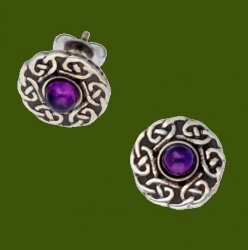 Celtic Knotwork Round Amethyst Glass Stone Small Stud Stylish Pewter Earrings