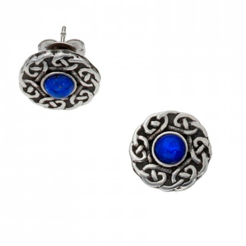 Image 1 of Celtic Knot Round Lapis Lazuli Glass Stone Small Stud Stylish Pewter Earrings