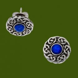 Celtic Knot Round Lapis Lazuli Glass Stone Small Stud Stylish Pewter Earrings