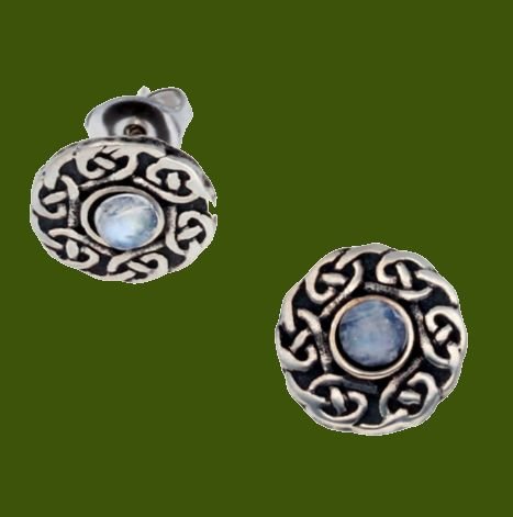 Image 0 of Celtic Knotwork Round Moonstone Glass Stone Small Stud Stylish Pewter Earrings