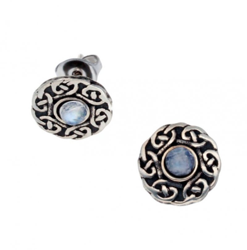 Image 1 of Celtic Knotwork Round Moonstone Glass Stone Small Stud Stylish Pewter Earrings