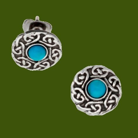 Image 0 of Celtic Knotwork Round Turquoise Glass Stone Small Stud Stylish Pewter Earrings