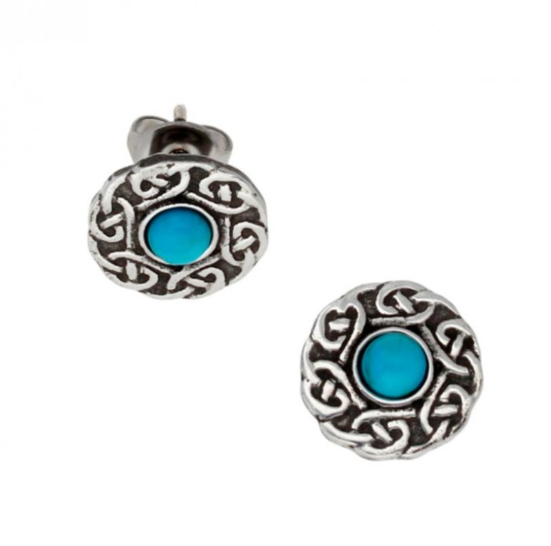 Image 1 of Celtic Knotwork Round Turquoise Glass Stone Small Stud Stylish Pewter Earrings