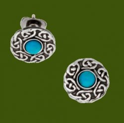 Celtic Knotwork Round Turquoise Glass Stone Small Stud Stylish Pewter Earrings
