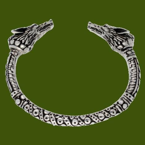 Image 0 of Twin Wolf Heads Embossed Torc Stylish Pewter Bangle