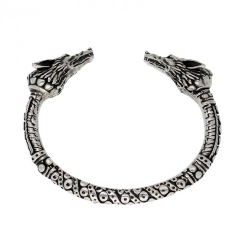 Image 1 of Twin Wolf Heads Embossed Torc Stylish Pewter Bangle