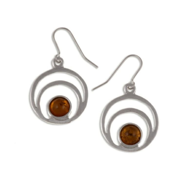 Image 1 of Centric Circles Amber Glass Stone Stylish Pewter Sheppard Hook Earrings