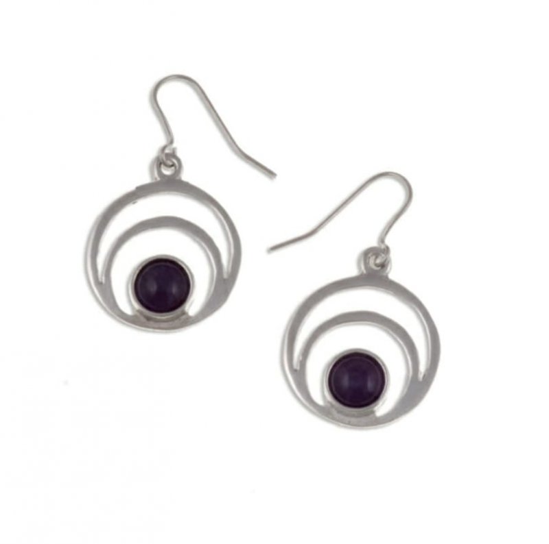 Image 1 of Centric Circles Amethyst Glass Stone Stylish Pewter Sheppard Hook Earrings