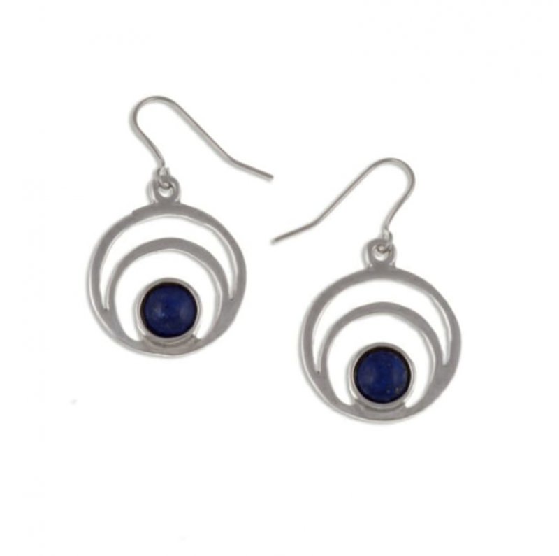 Image 1 of Centric Circles Lapis Lazuli Glass Stone Stylish Pewter Sheppard Hook Earrings