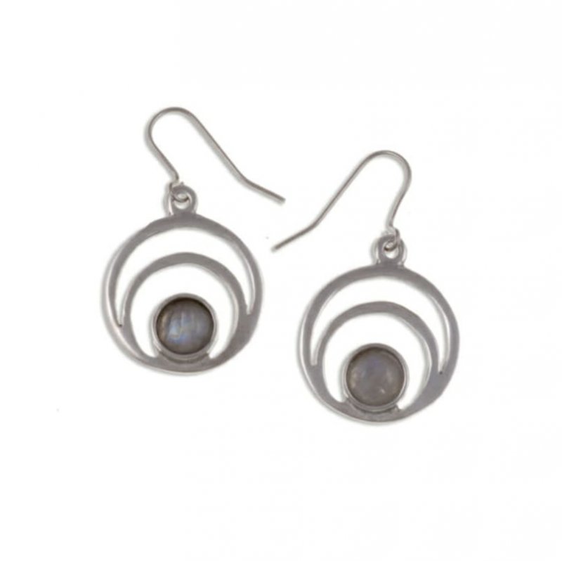 Image 1 of Centric Circles Moonstone Glass Stone Stylish Pewter Sheppard Hook Earrings