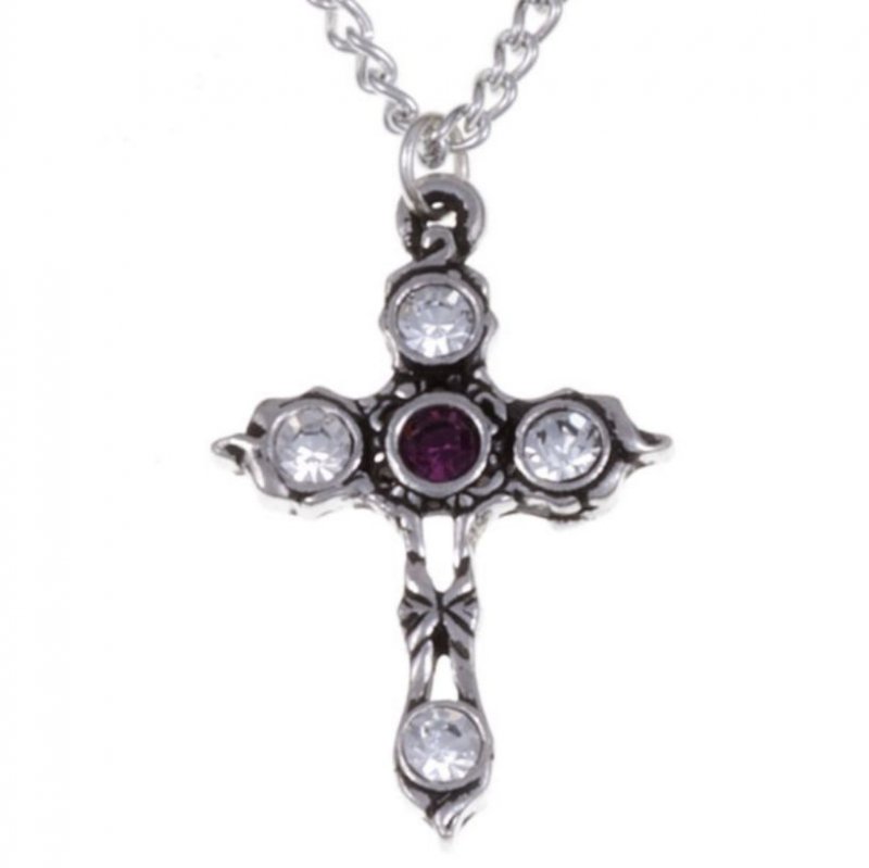 Image 1 of Cross Purple Clear Crystal Stones Stylish Pewter Pendant