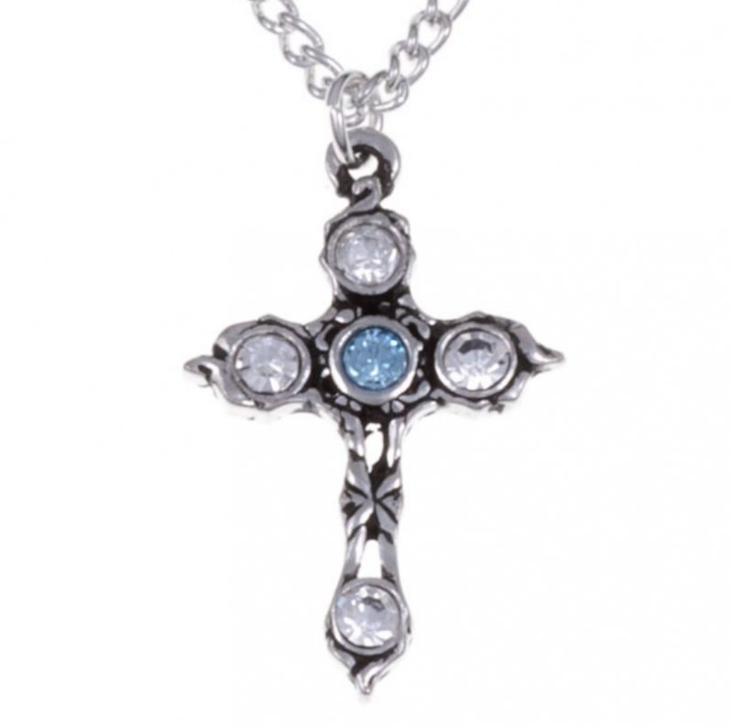 Image 1 of Cross Aqua Blue Clear Crystal Stones Stylish Pewter Pendant