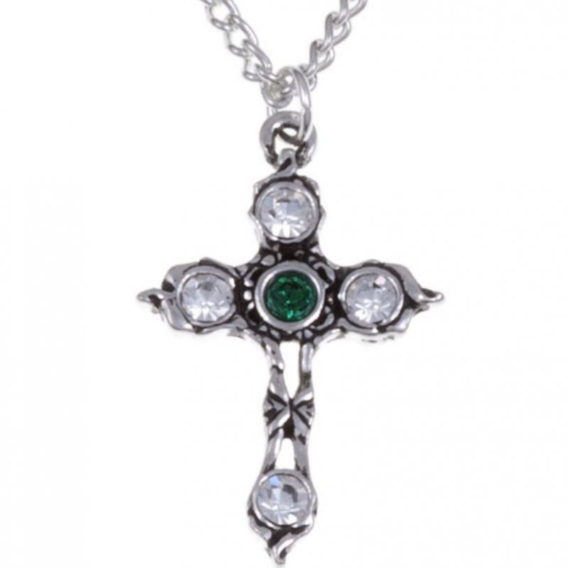 Image 1 of Cross Emerald Green Crystal Stones Stylish Pewter Pendant