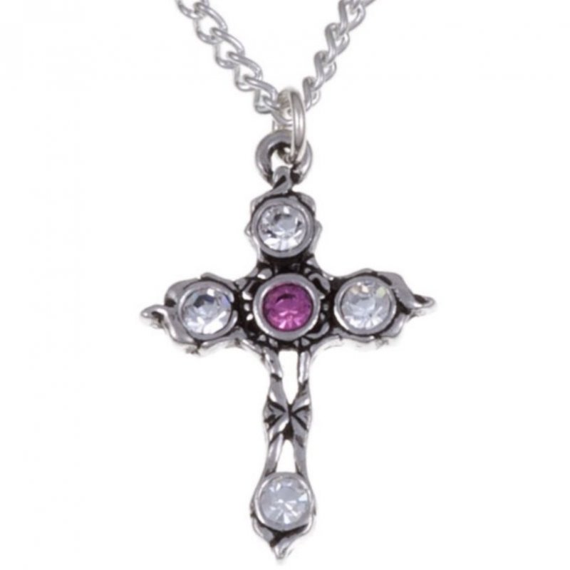 Image 1 of Cross Rose Pink Crystal Stones Stylish Pewter Pendant