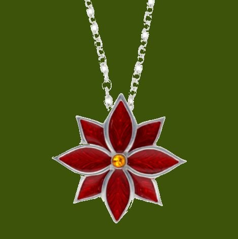 Image 0 of Poinsettia Flower Red Enamel Yellow Crystal Stylish Pewter Pendant
